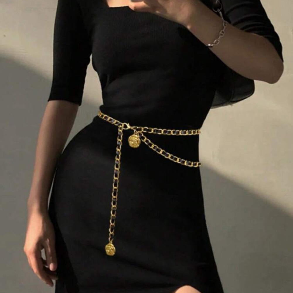 Gold and Black Chain Belt, Black Faux Leather and Gold Chain Belt - Picture 7 of 8